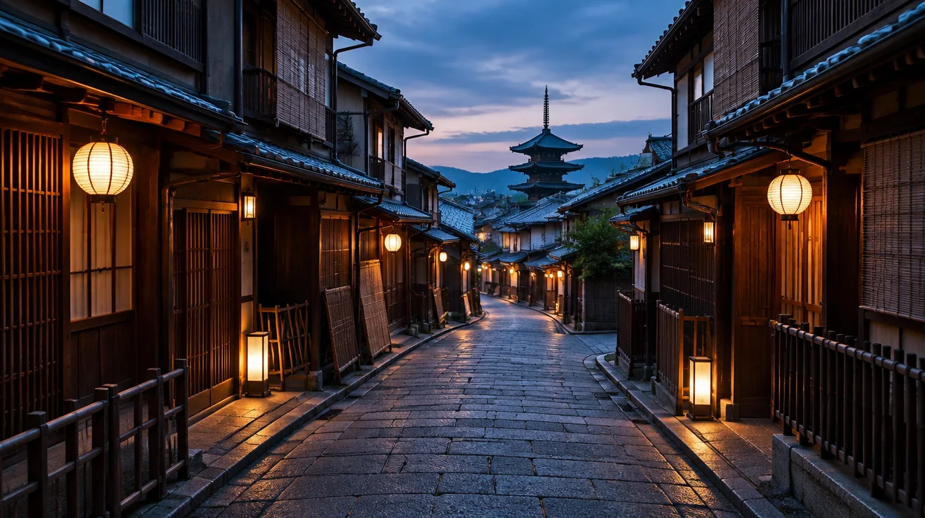 Imagined Kyoto old-town lane at dusk; not a photograph of either tour route.