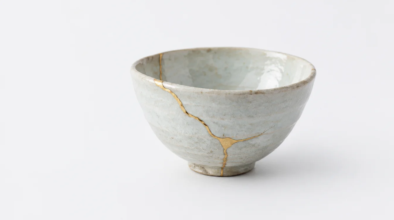 Concept illustration of a pale ceramic bowl with a fine gold repair seam.
