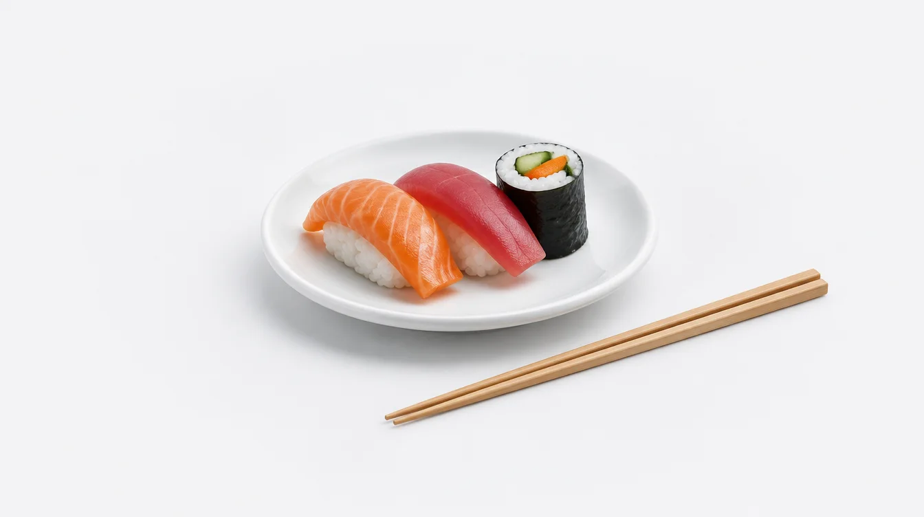 Concept illustration of a small sushi plate and wooden chopsticks.
